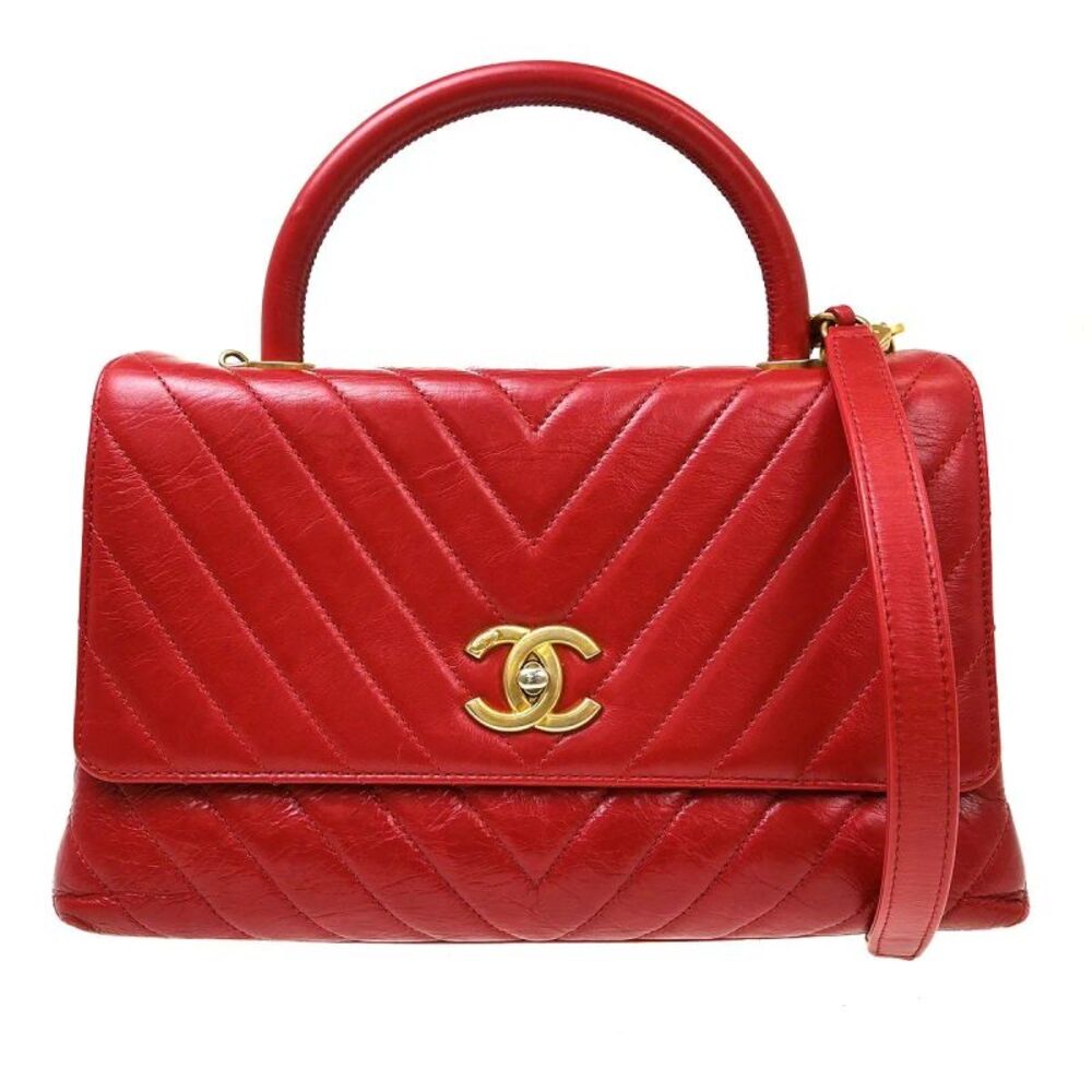 Chanel Coco Top Handle Chevron Calfskin Red Leather Handbag